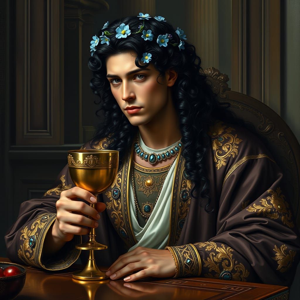 Regal Young Man with Blue Floral Wreath and Golden Goblet