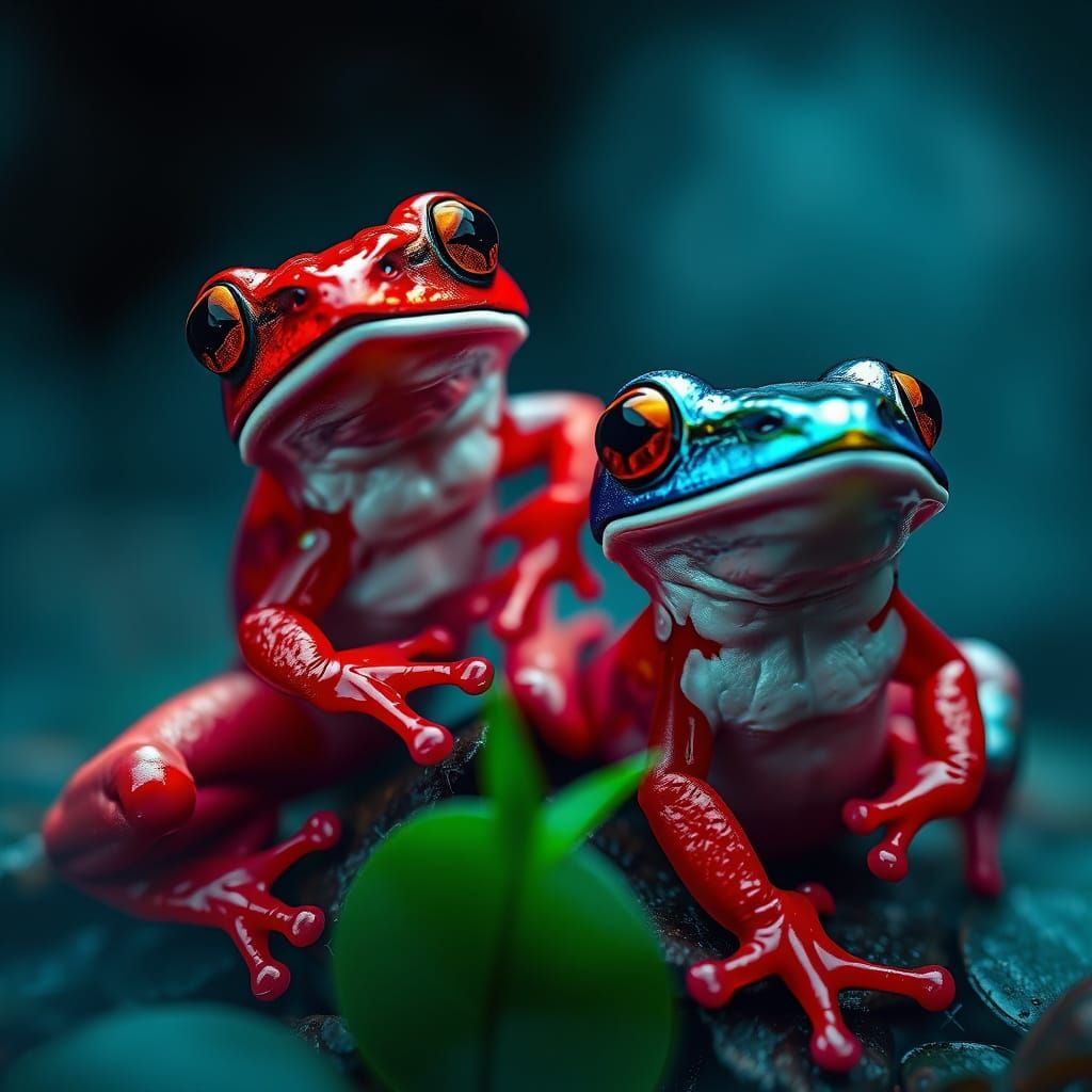 Vibrant Red & Iridescent Blue Frogs in a Misty Lush Environm...