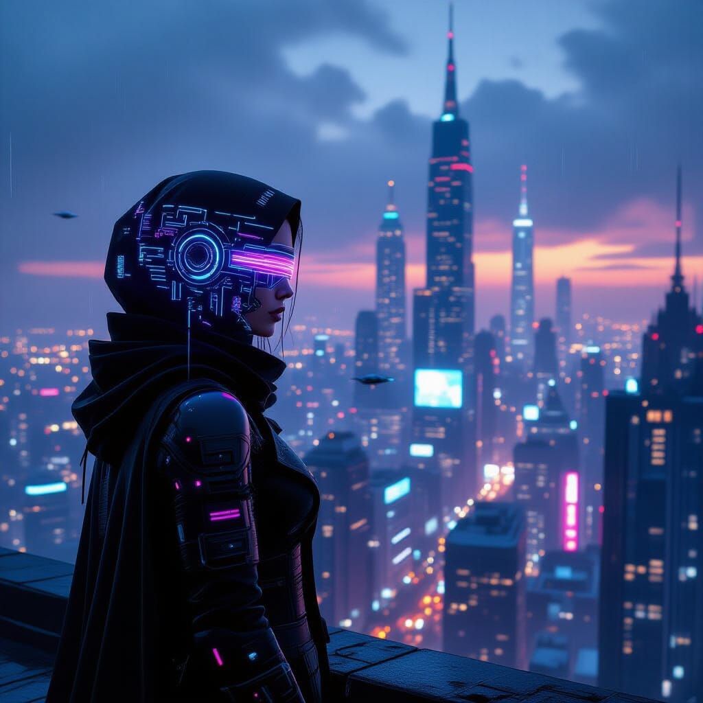 Cyberpunk Woman Overlooking Neon Metropolis