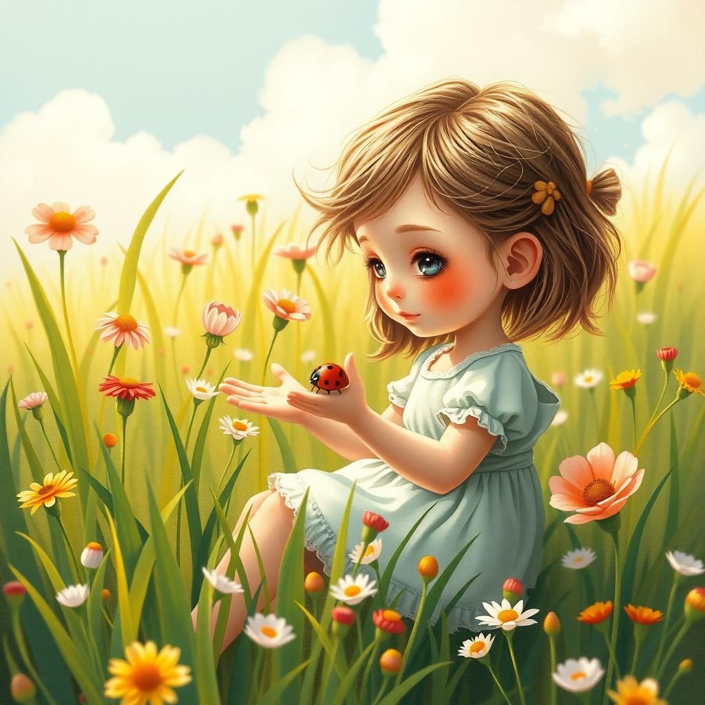 Girl and Ladybug in Enchanted Meadow Illustration