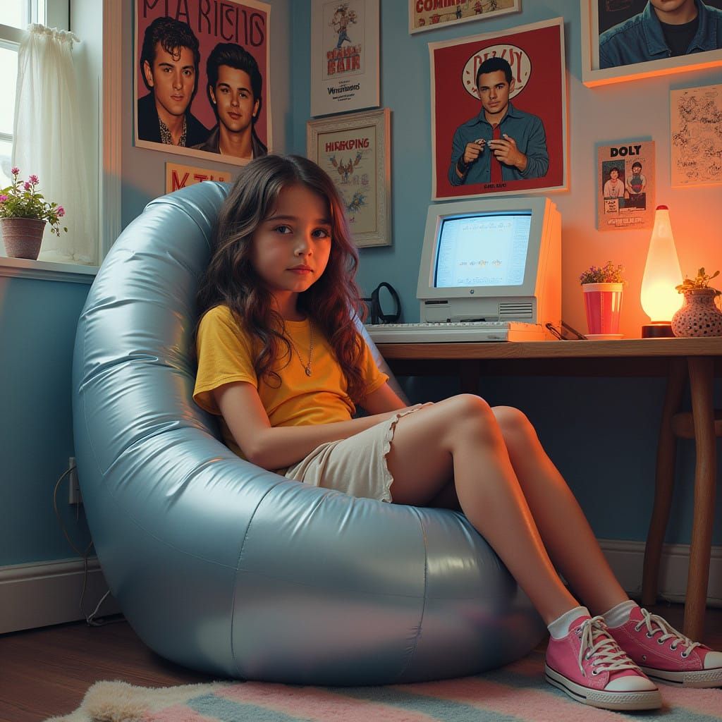 1990s Preteen Girl Surrounded by Vintage Middle School Decor...