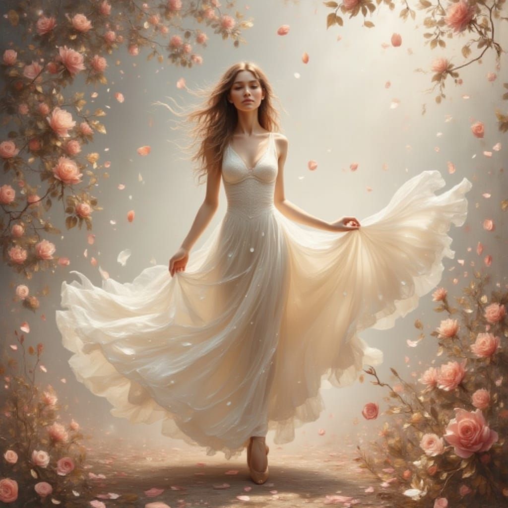 Elegant Ballet Dancer in Motion Blur with Falling Petals