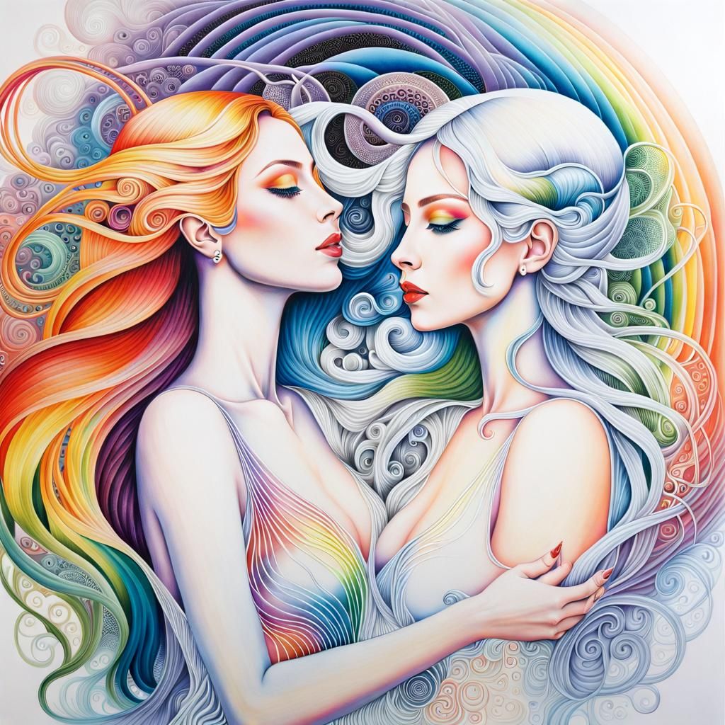 Ethereal Rainbow Souls Merging in Dreamy Drawing