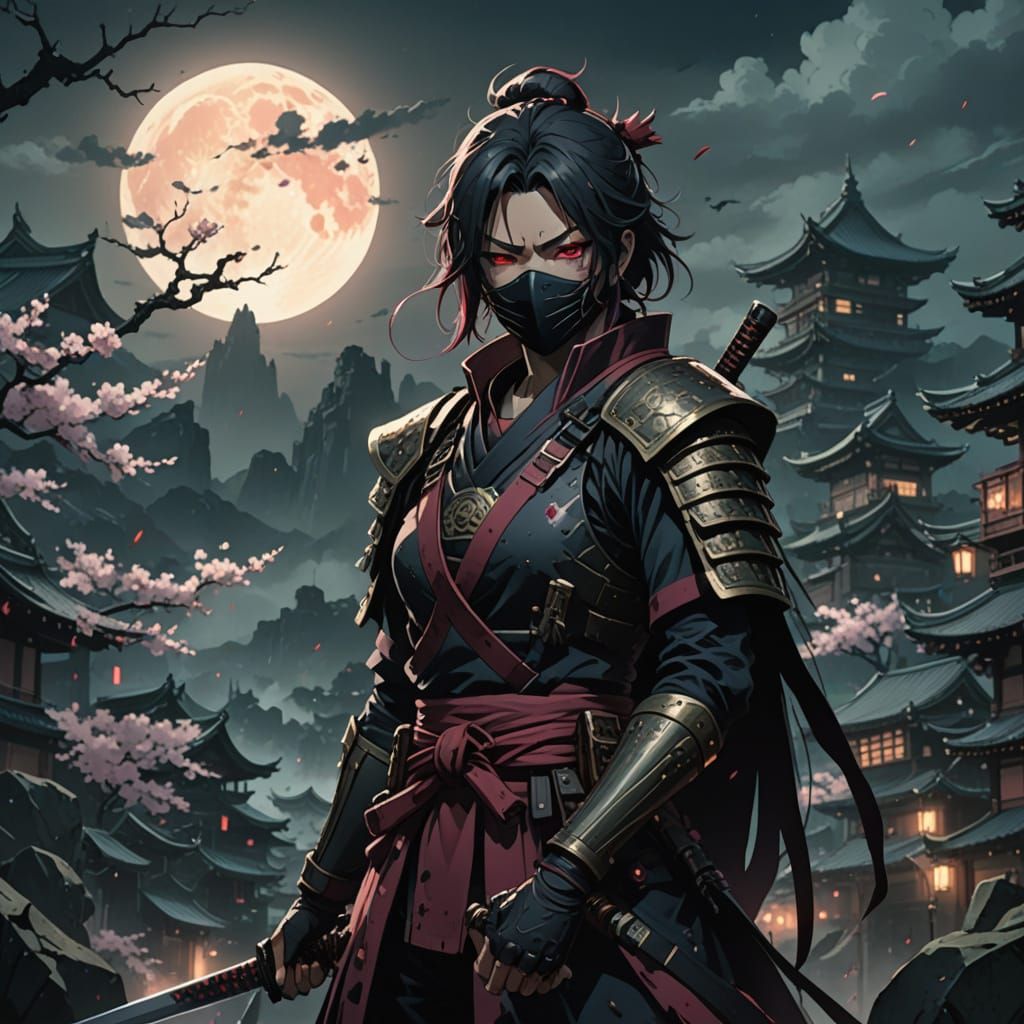 Mysterious Anime Warrior in Dark, Moody Cityscape