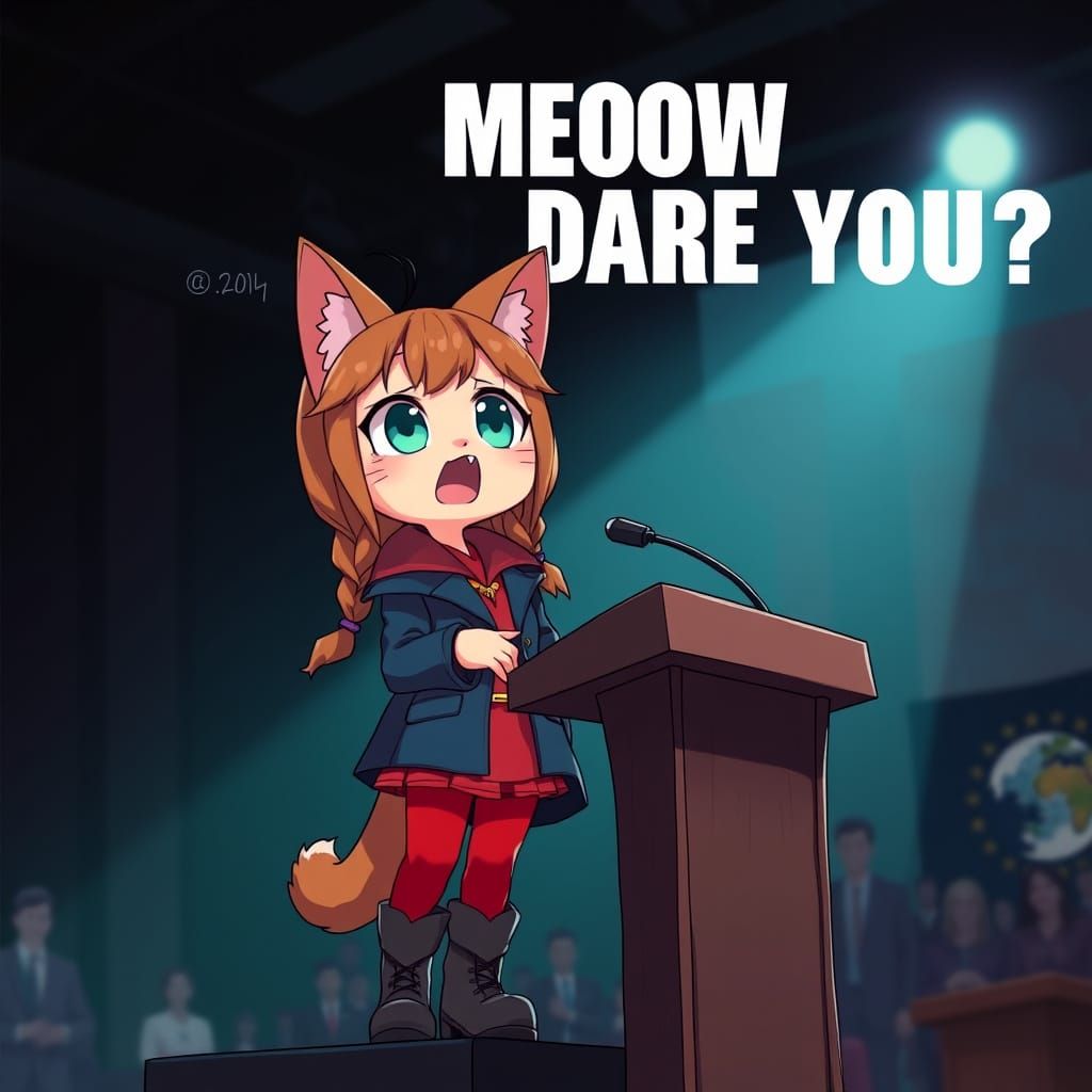 Anime Catgirl Climate Activist Looks Up in Protest