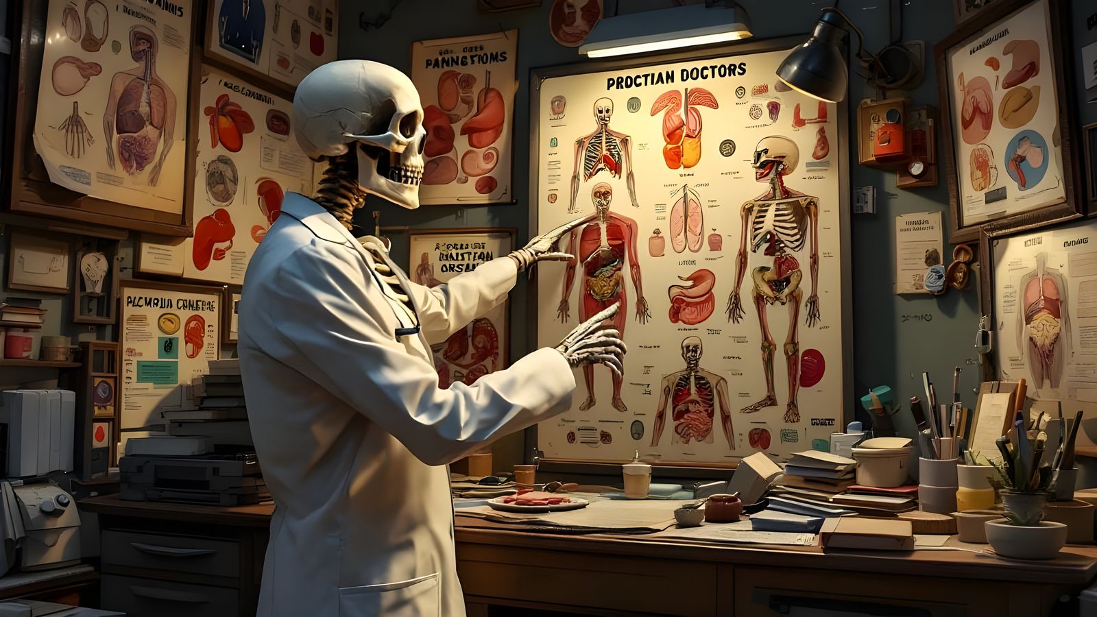 Skeleton Doctor Points to Organs, 3D Render