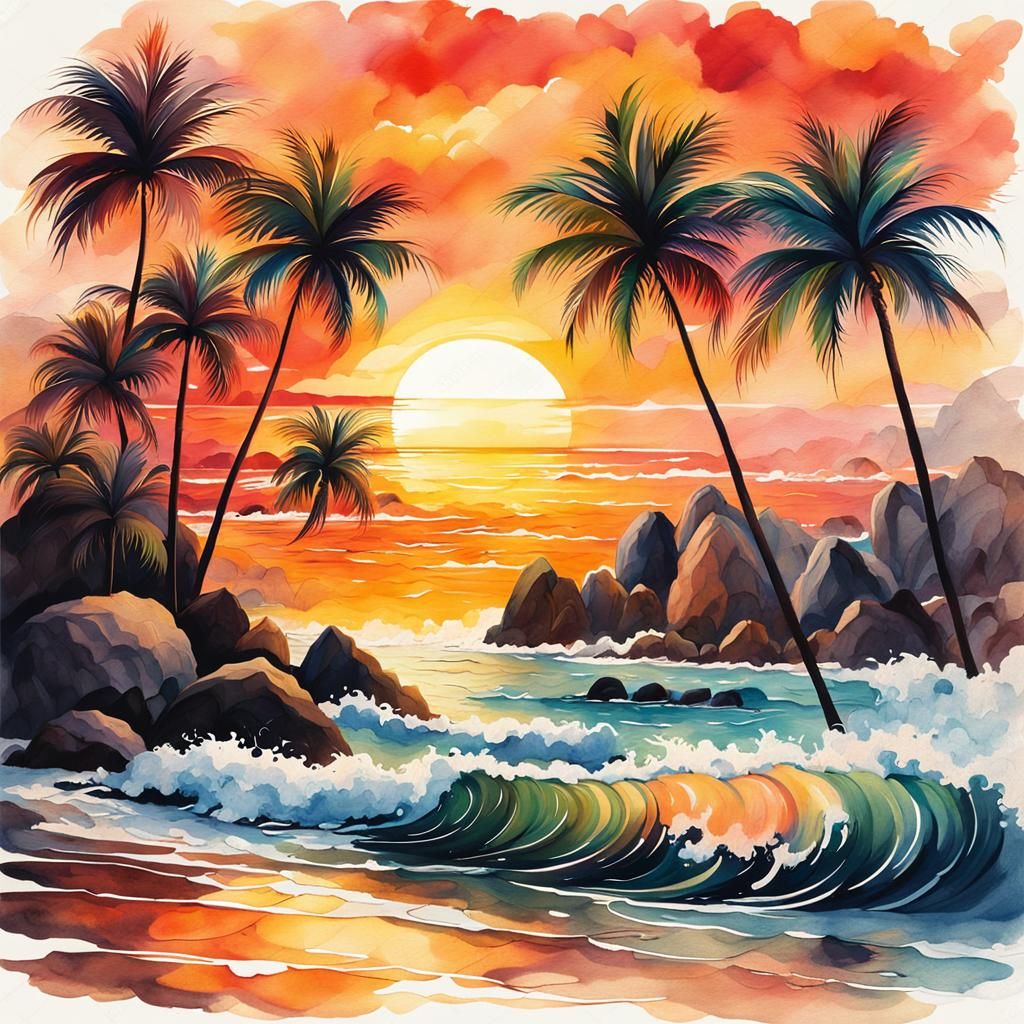 Warm Tropical Beach Sunset Watercolor Illustration