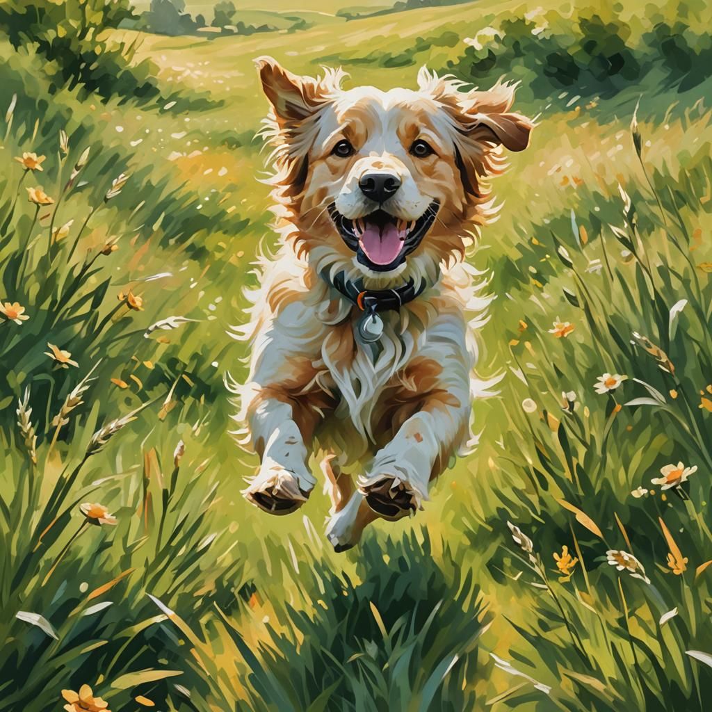 Happy Dog Runs in Meadow: Impressionistic Digital Art