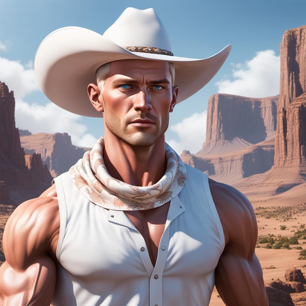 Athletic Man with Cowboy Hat, Detailed Matte Painting