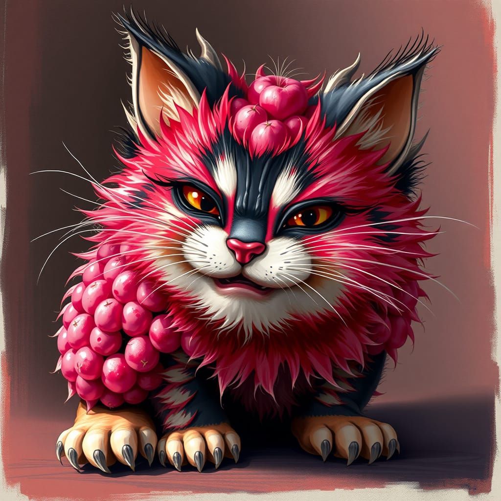 Feline Raspberry Hybrid in Whimsical, Hyper-Detailed Fantasy...