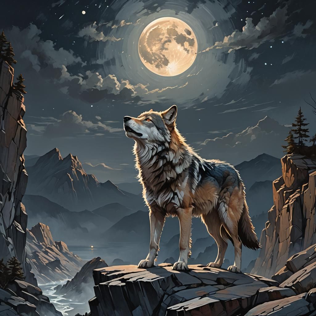 Wolf Howling at Moon in Ethereal Digital Painting