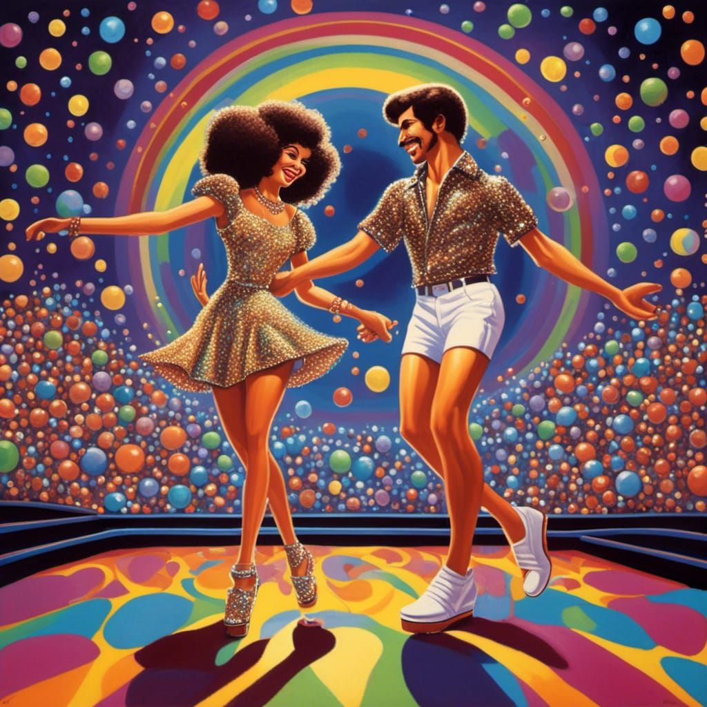 Funky 70s Disco Couple Dancing in Glitter
