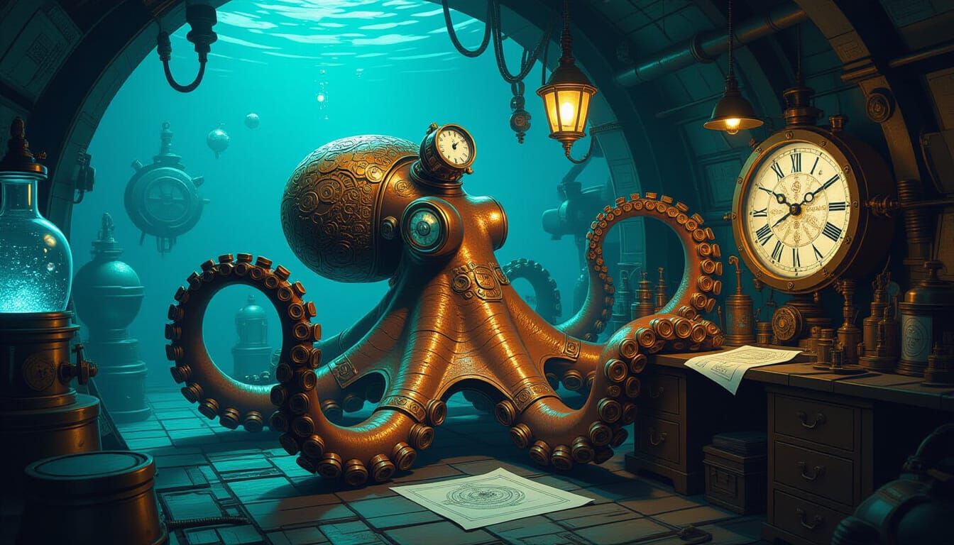 Steampunk Robot Octopus in Underwater Laboratory