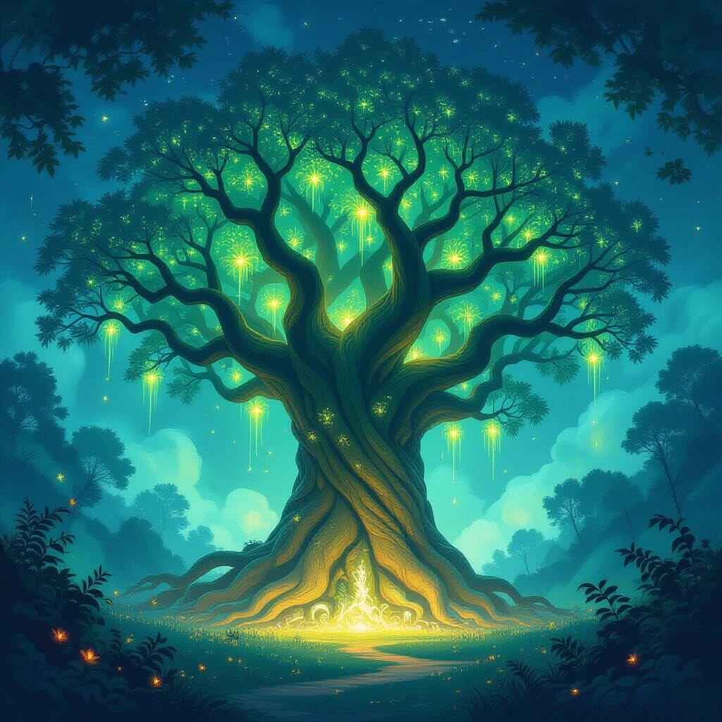Ancient Bioluminescent Tree in Mystical Forest Clearing