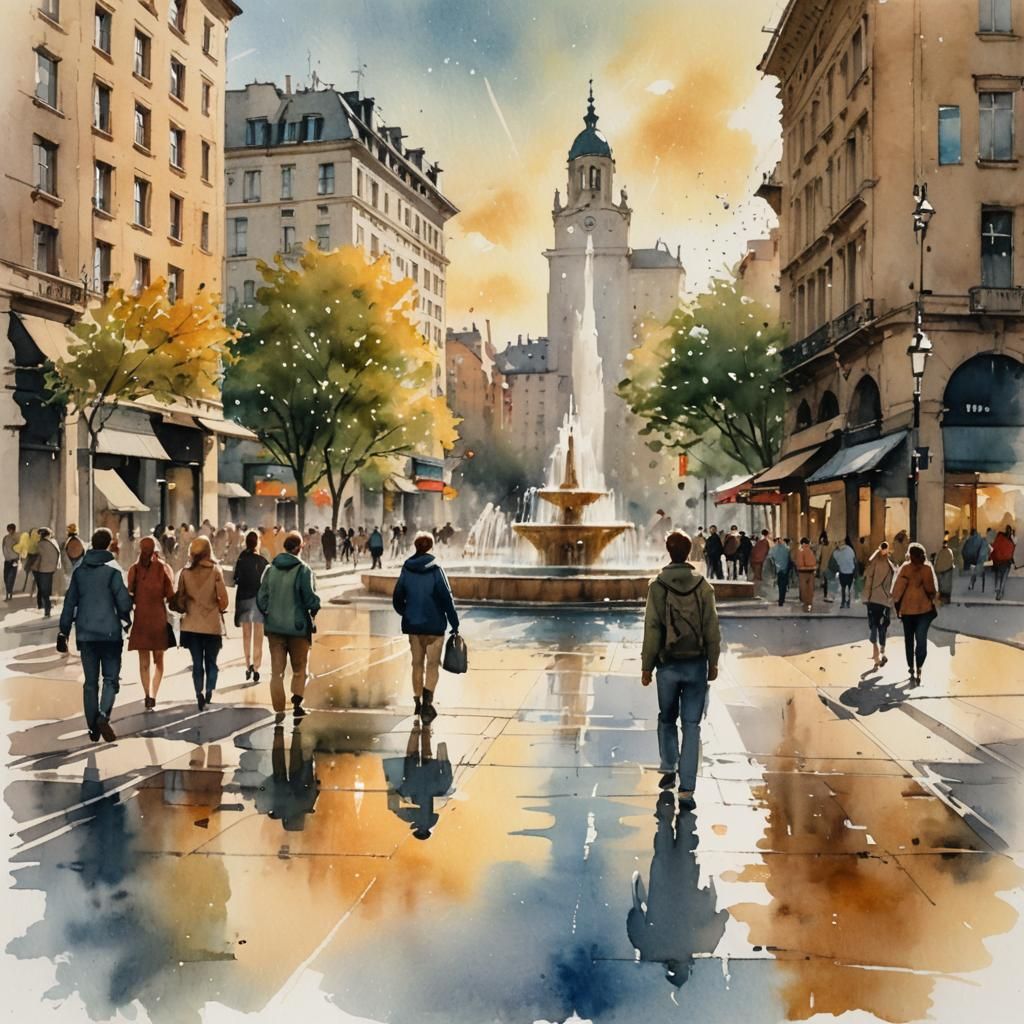 City Street Scene in Watercolor Style