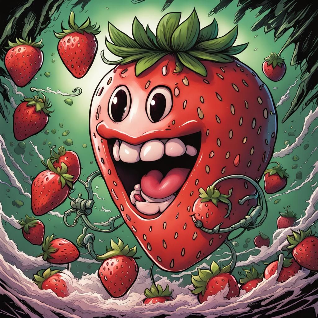 Singing Strawberry Character in Comic Book Art