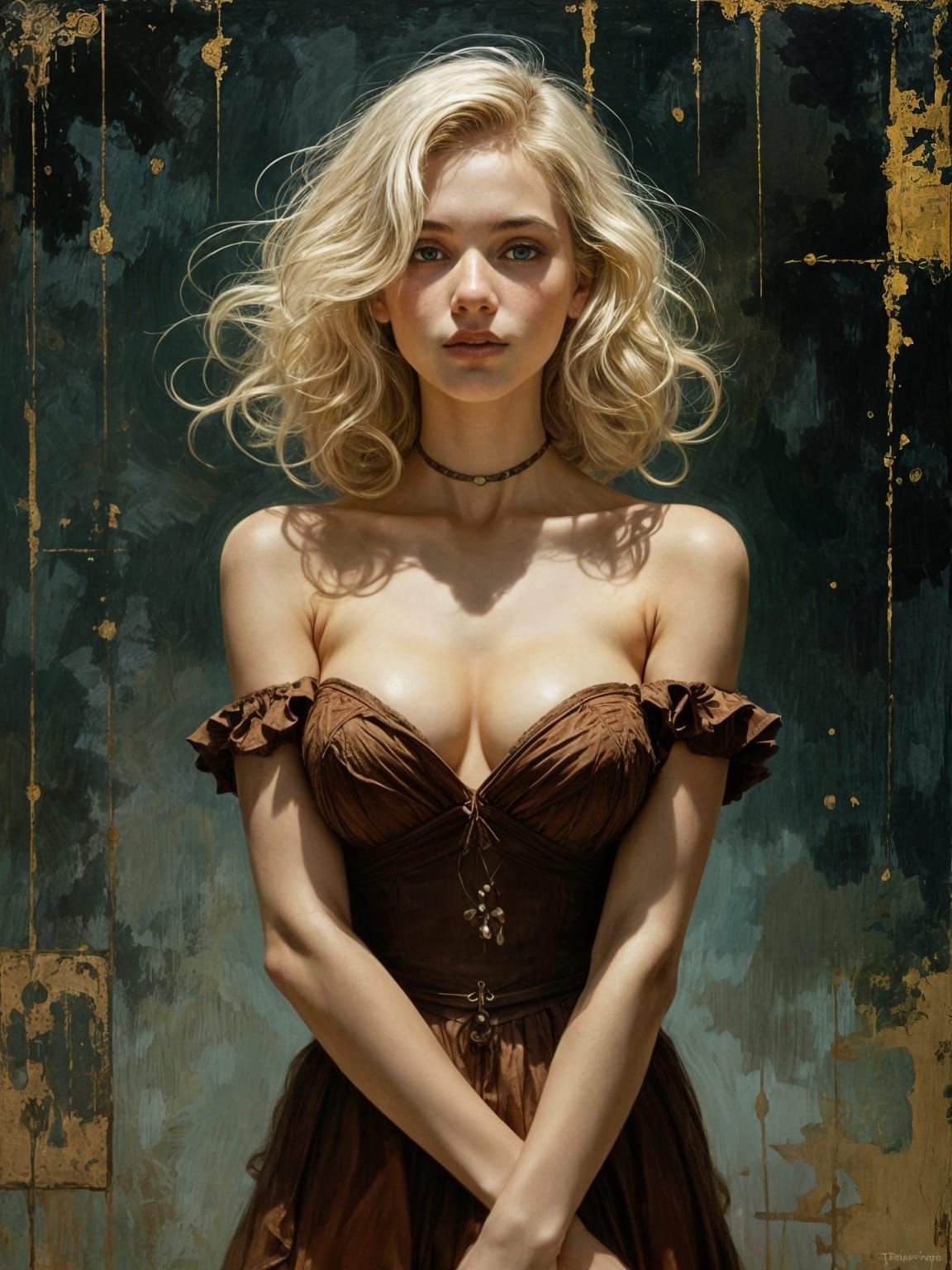 Pin-Up Woman in Maroon Dress, Art Nouveau Style