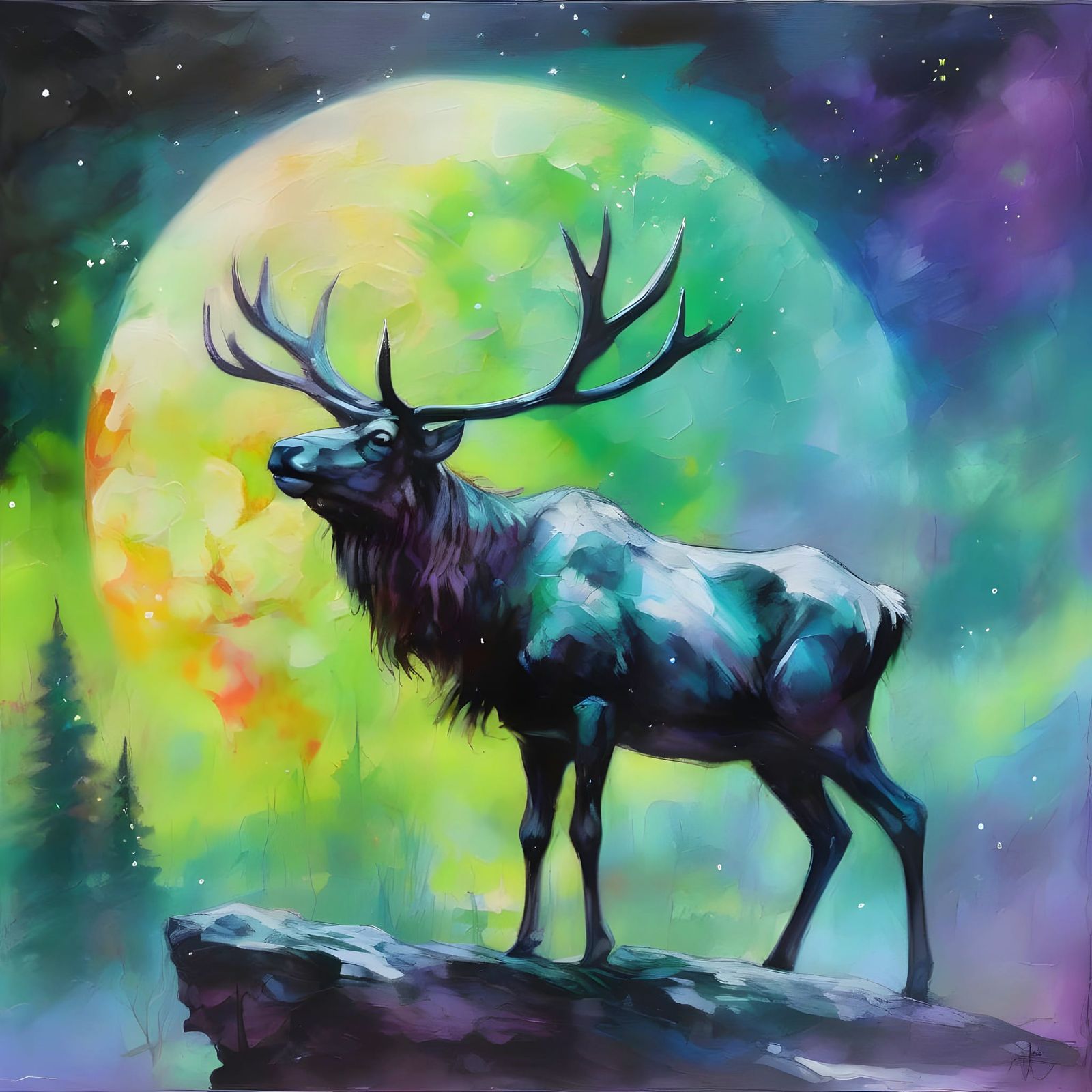 Majestic Reindeer Under Vibrant Aurora Borealis in Impasto O...
