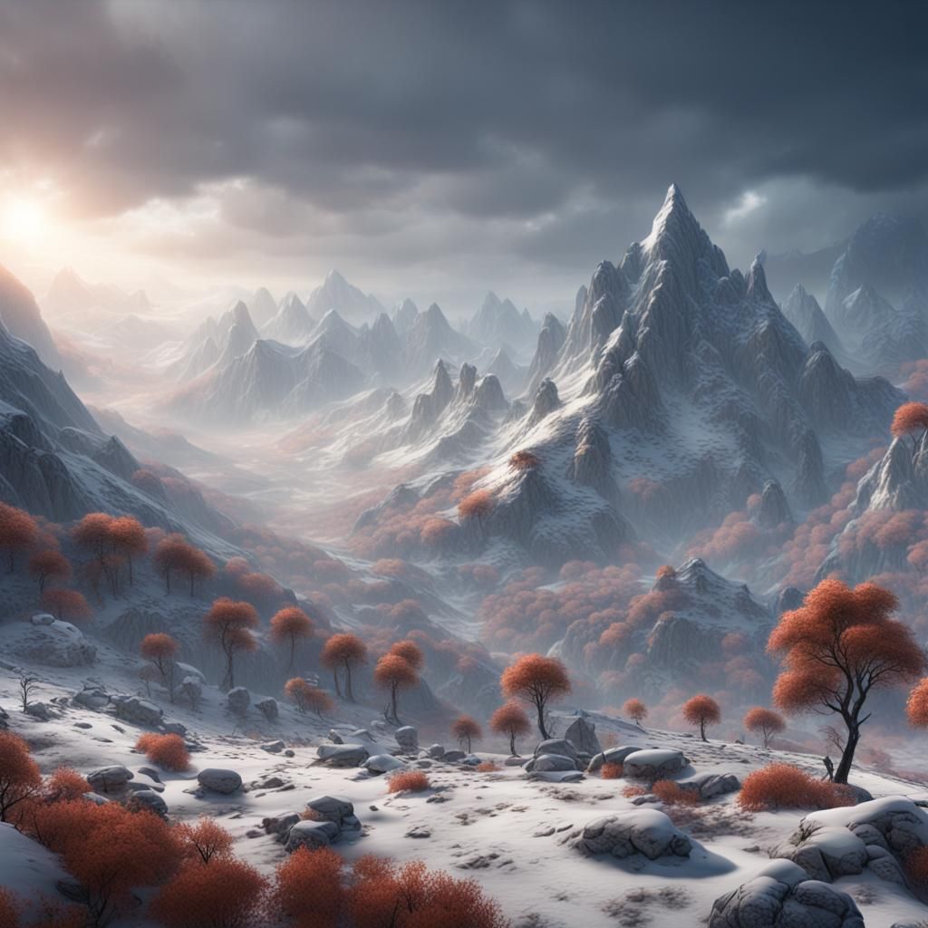 Snowy Mountains and Hills in Detailed Matte Painting