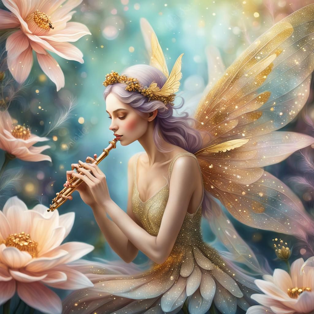 Fairy Playing Flute in Flower, Surreal Pastel Art