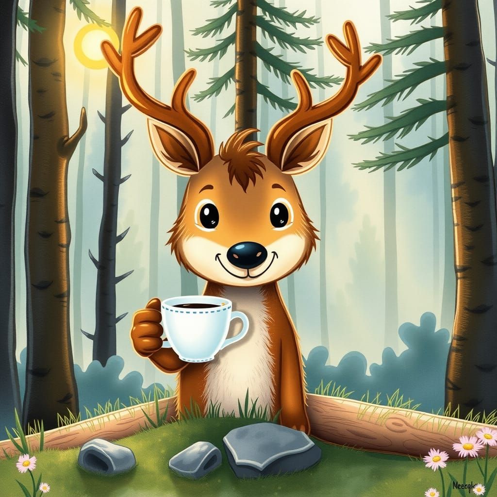 Cute Deer Sipping Coffee: Kawaii Watercolor Art