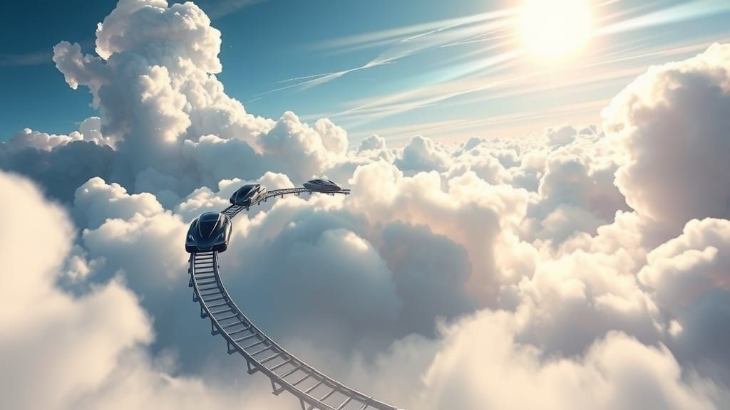 Futuristic Coaster Weaving Through Billowing Clouds