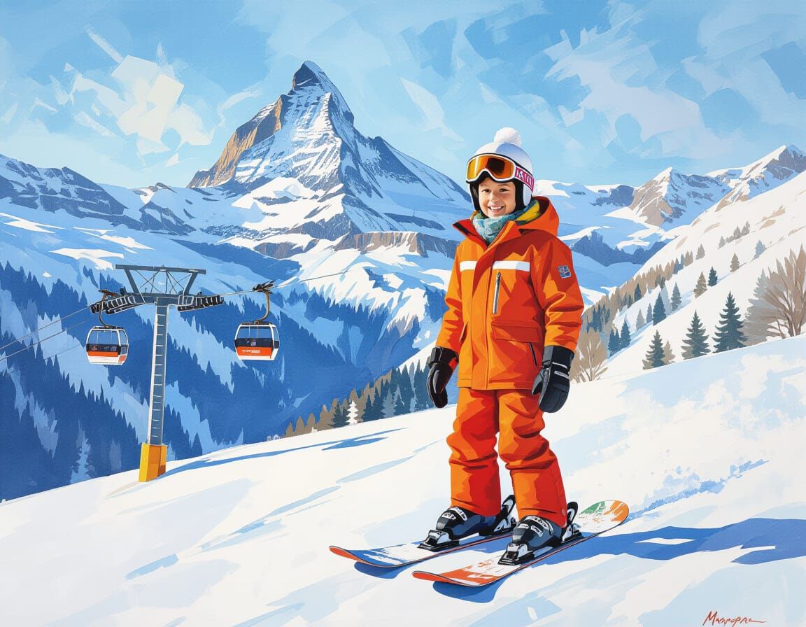 Boy on Snowboard in Swiss Alps Gouache Painting