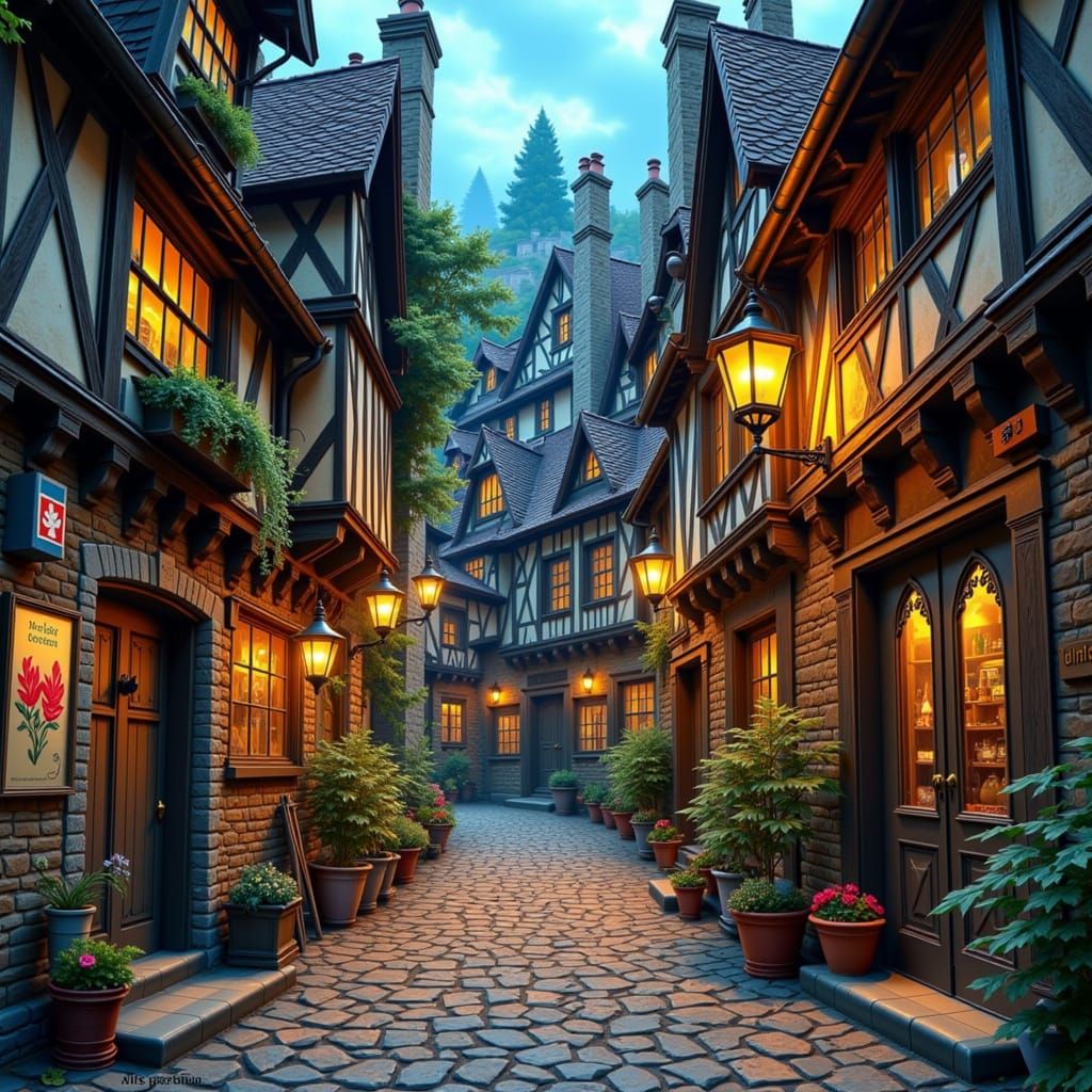 Medieval Alleyway at Dusk in Whimsical Watercolor Style