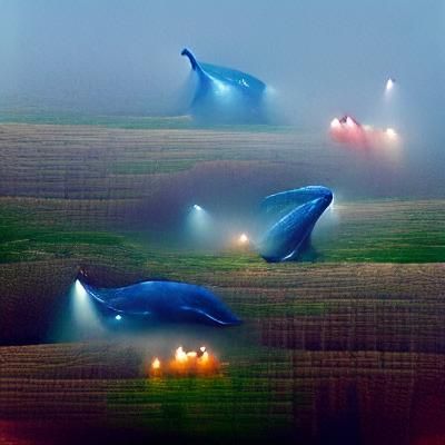 Blue Whale Swimming in Foggy Field