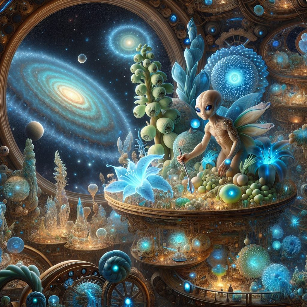 Bioluminescent Alien Garden in Futuristic Spaceship