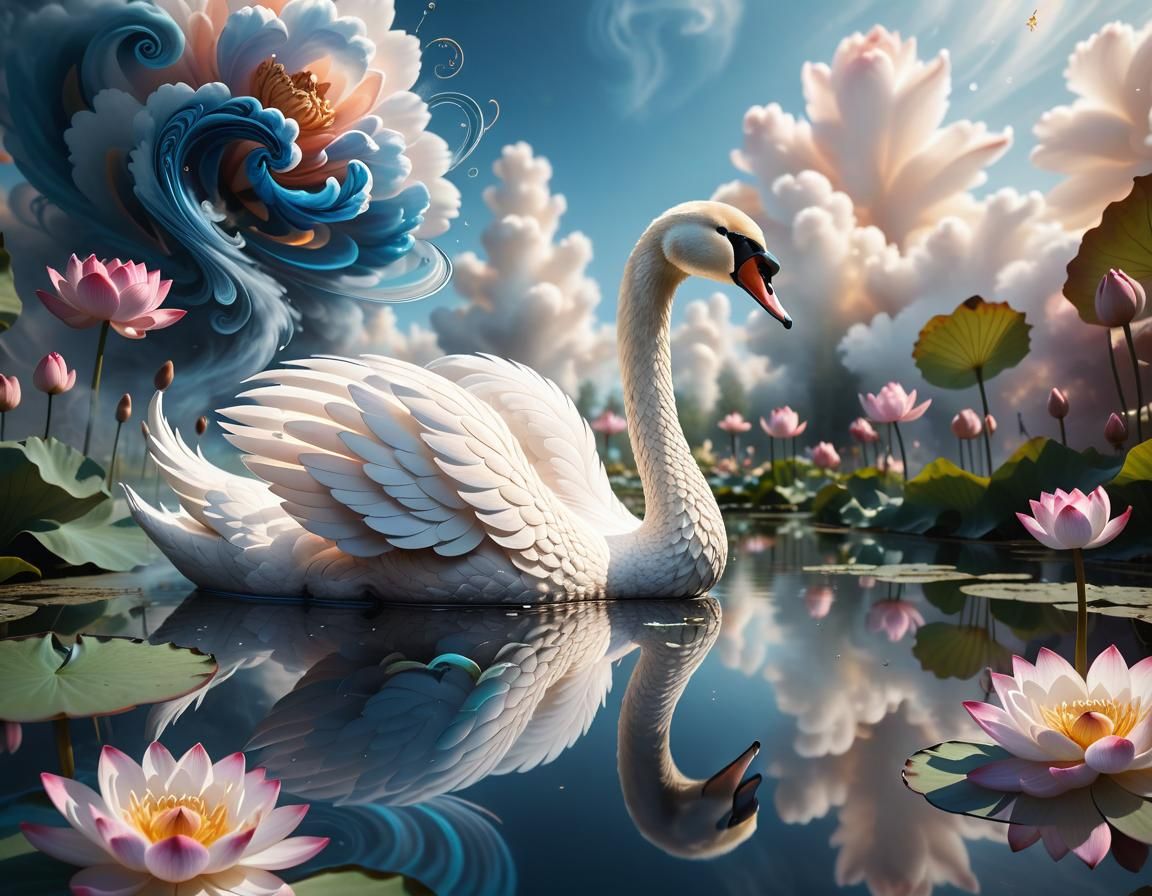 Macro Swan with Lotus Reflection in Comic Book Art