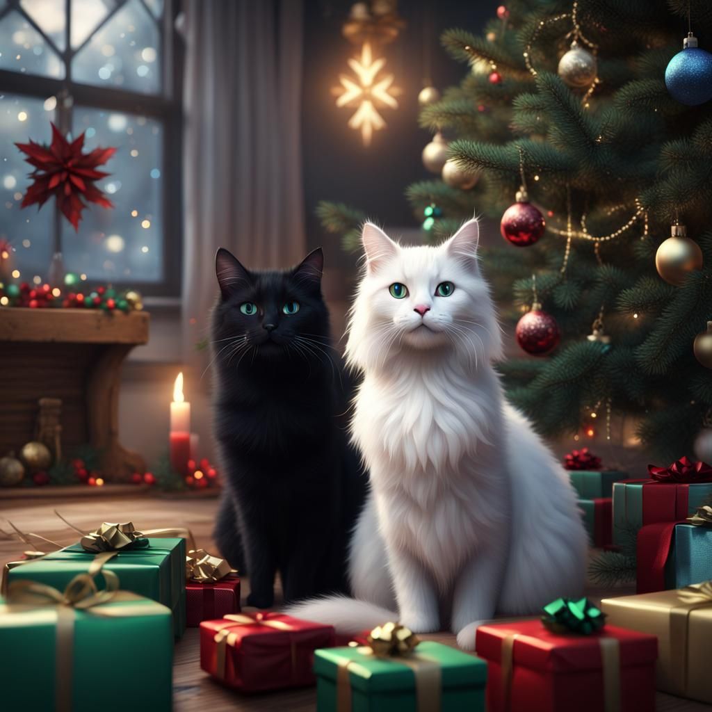 Cats Under Christmas Tree: Detailed Fantasy Art