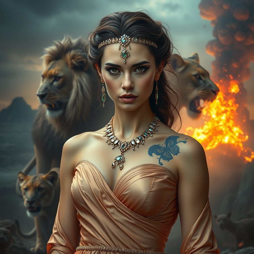 Goddess of Wrath with Lions, Realistic Fantasy Art