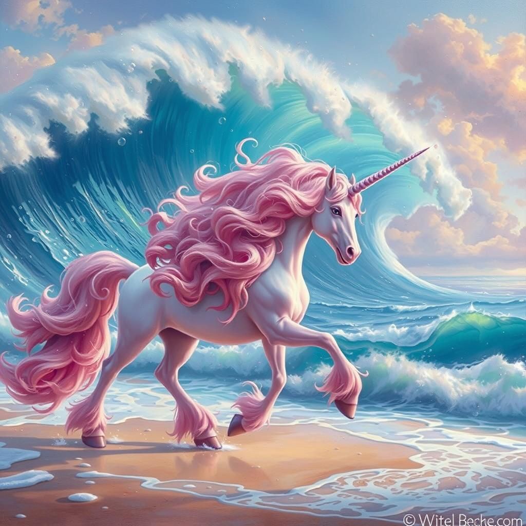 Pink Unicorn on Beach Painting