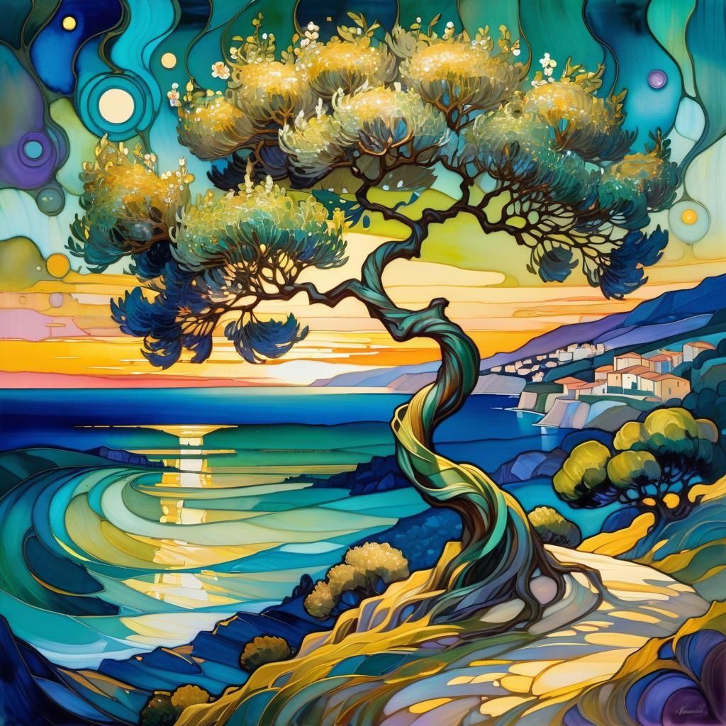 Surreal Olive Tree in Twilight Landscape
