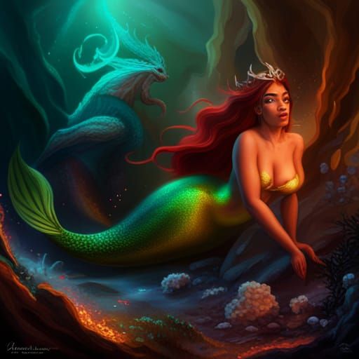 Black Queen Mermaid with Dragons, Digital Matte Painting