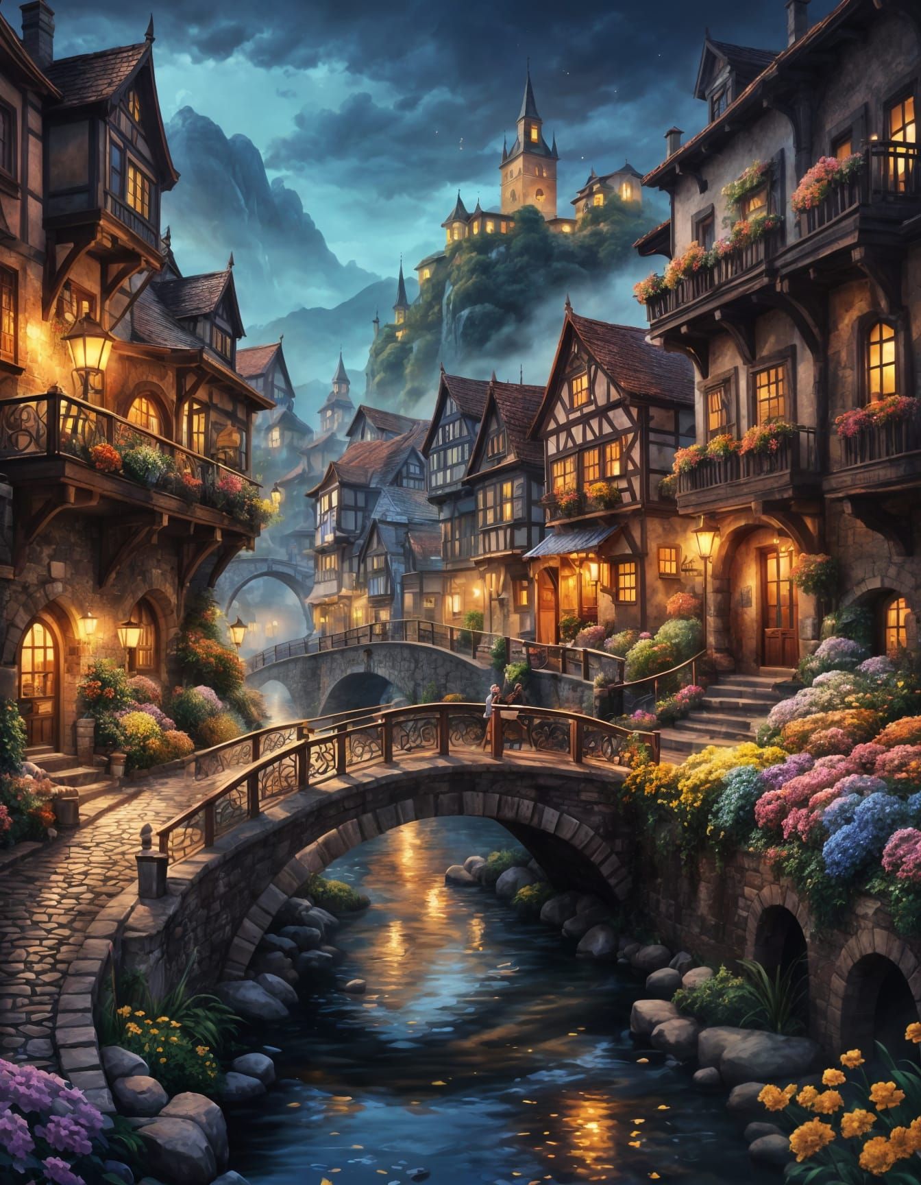 Picturesque Flowery Town Morning Scene with Brown Bridge