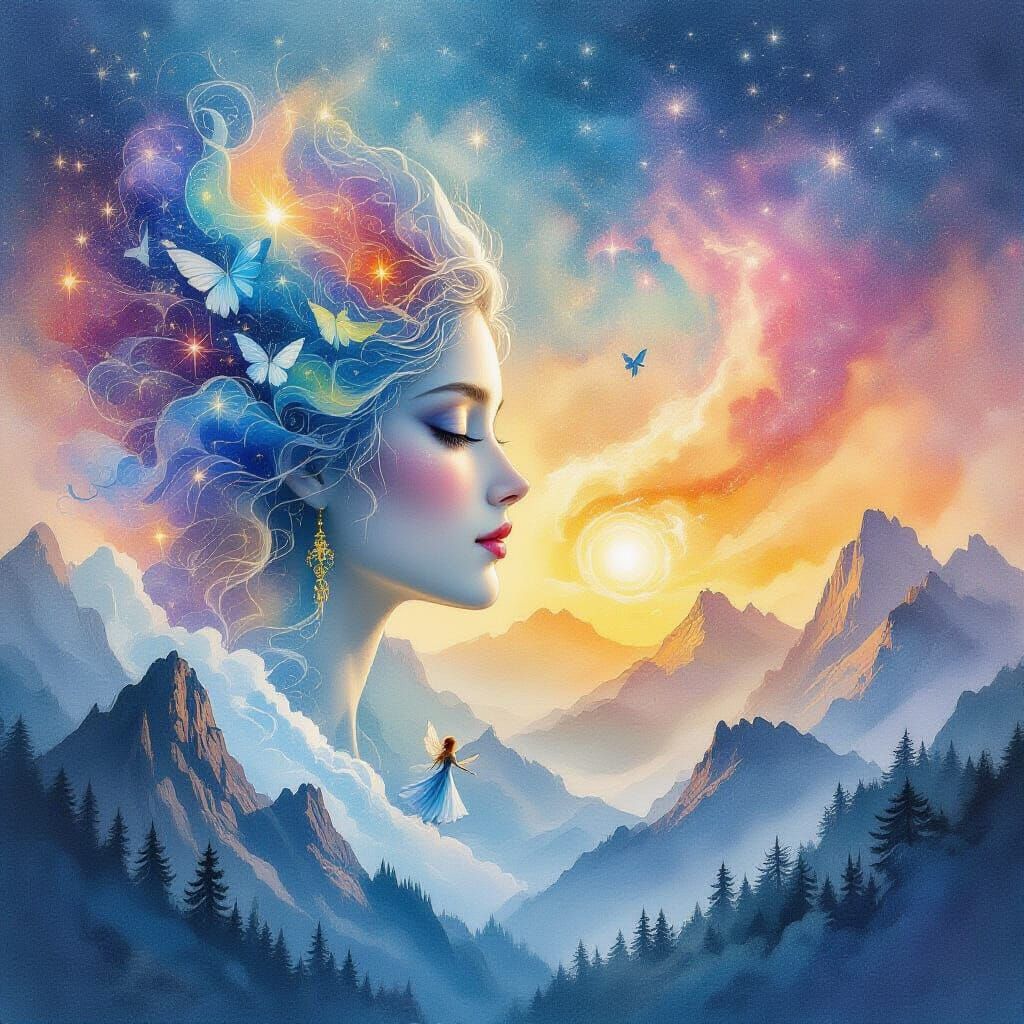 Goddess Head with Fairies in Watercolor Landscape
