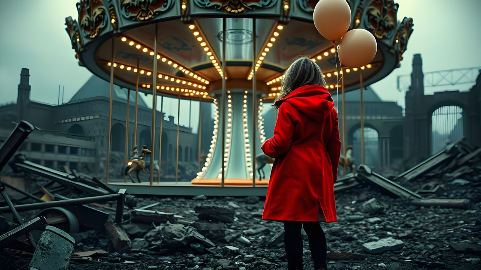 Dystopian Carousel in Vibrant Contrast