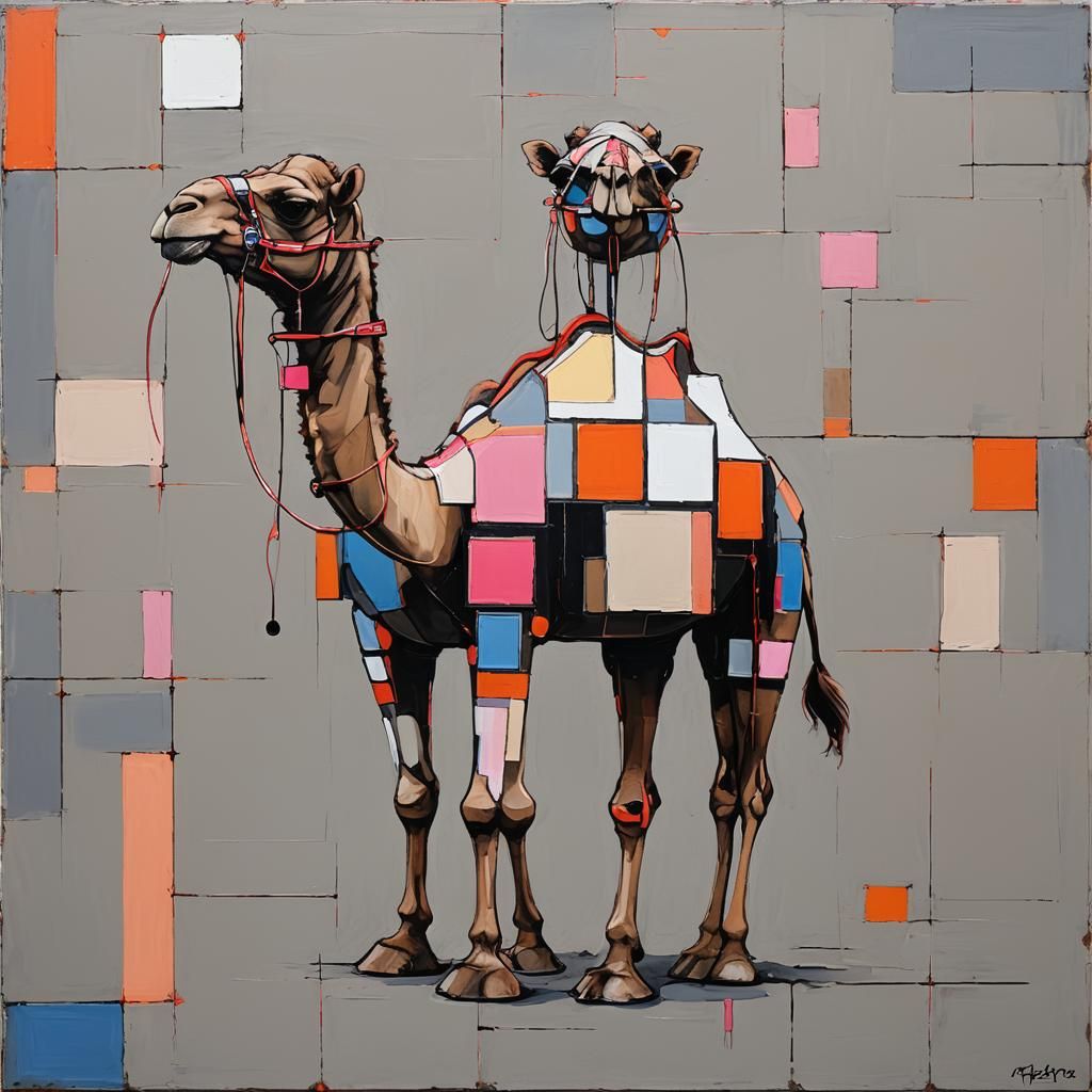Camel in Piet Mondrian Style with Acrylic Paint