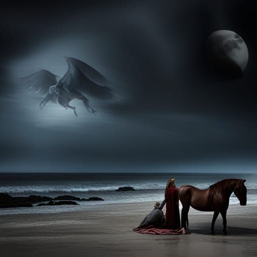 Winged Horses on Beach at Night: Fantasy Art