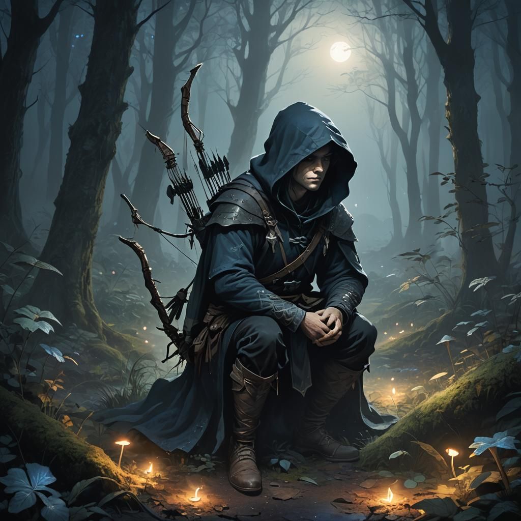 Hooded Archer in Misty Forest: Dark Fantasy Art