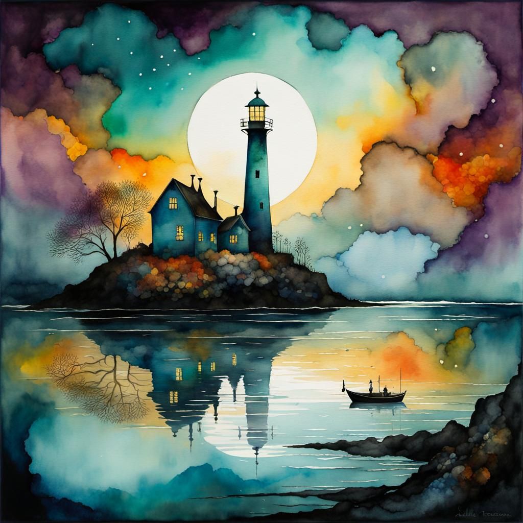 Ghost Ship at Lighthouse: Eerie Watercolor Painting