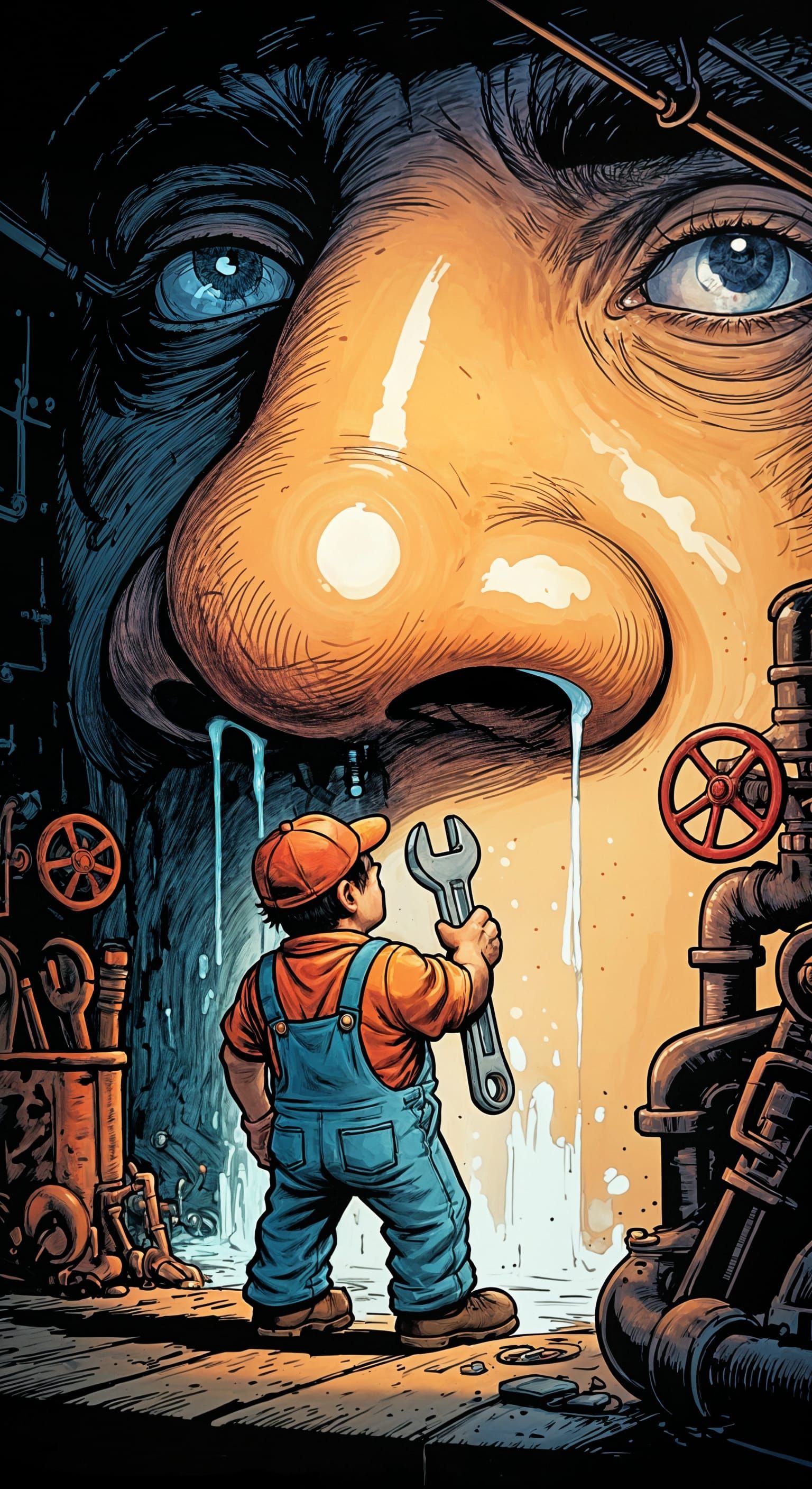 A small plumber fixing a large nose to stop it from running.