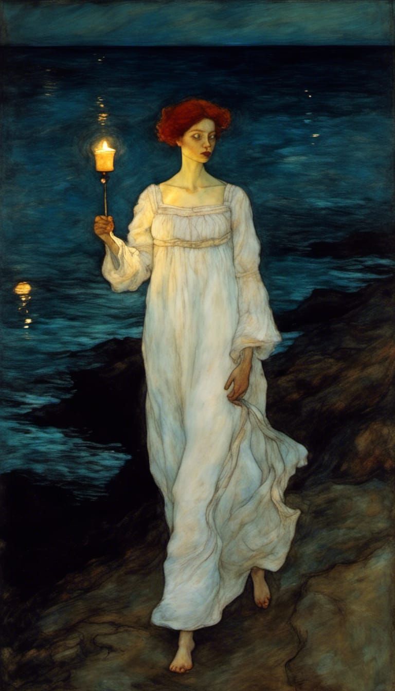 Woman with Candle by the Sea, Expressionist Style