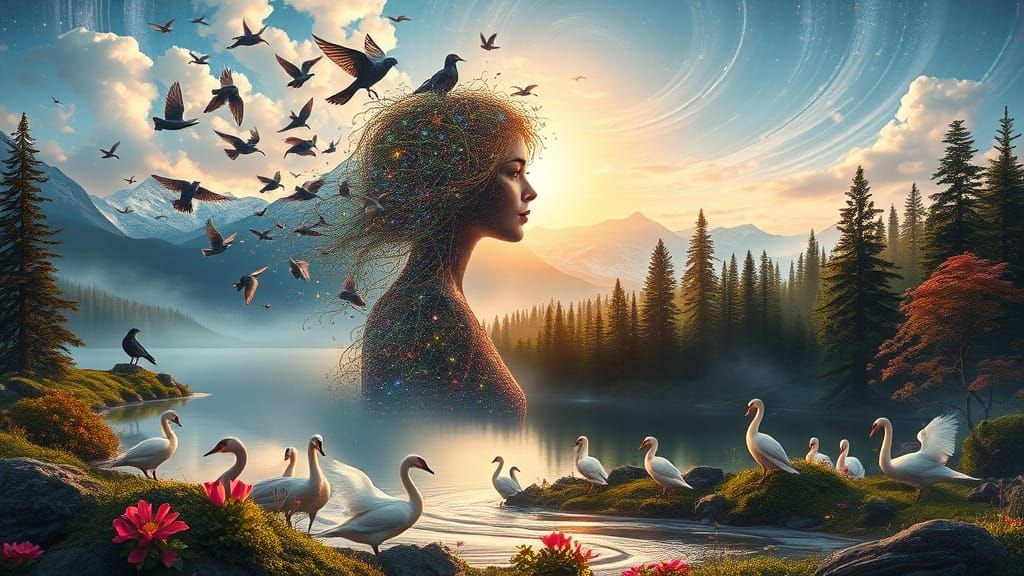 Ethereal Woman of Strings Amidst Cosmic Nature