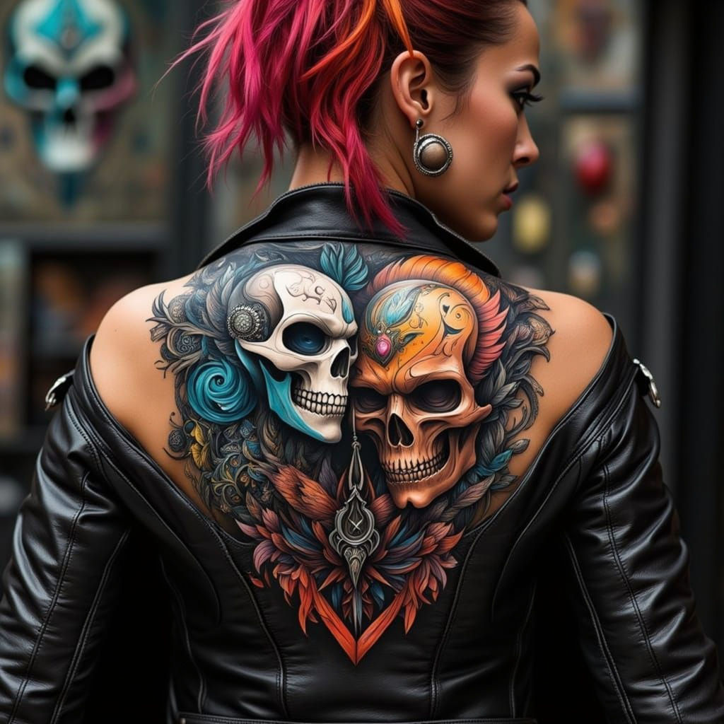 Gothic Tattoo Design of Skulls on Woman's Back