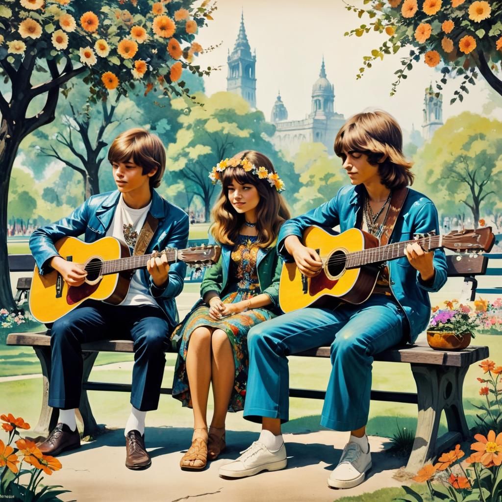 1960s Hippies in Flower Power Ink Painting