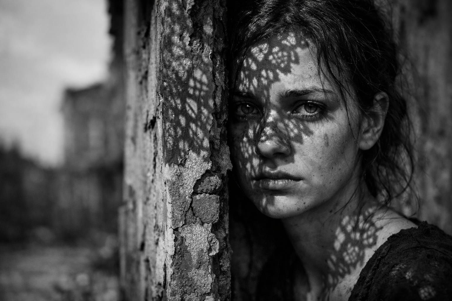 Realistic Black and White Photo of Derelict Building Shadows