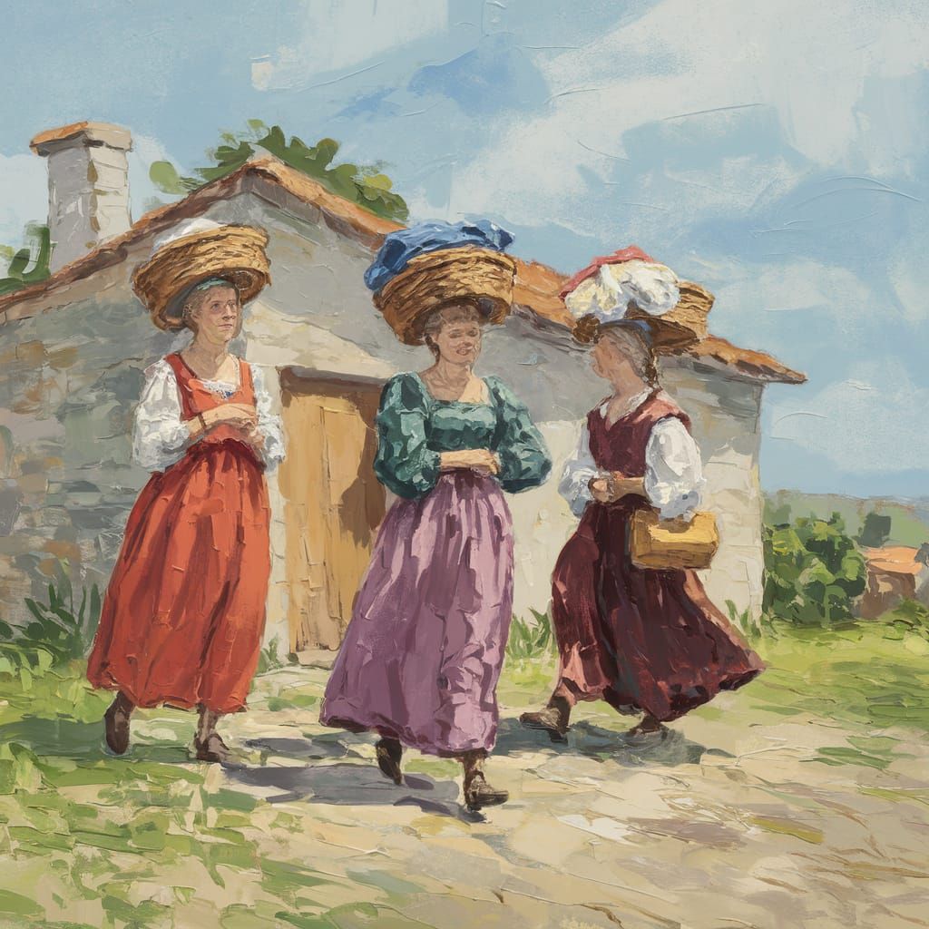 Renaissance Women Walk Away from a Stone Washhouse in Impres...